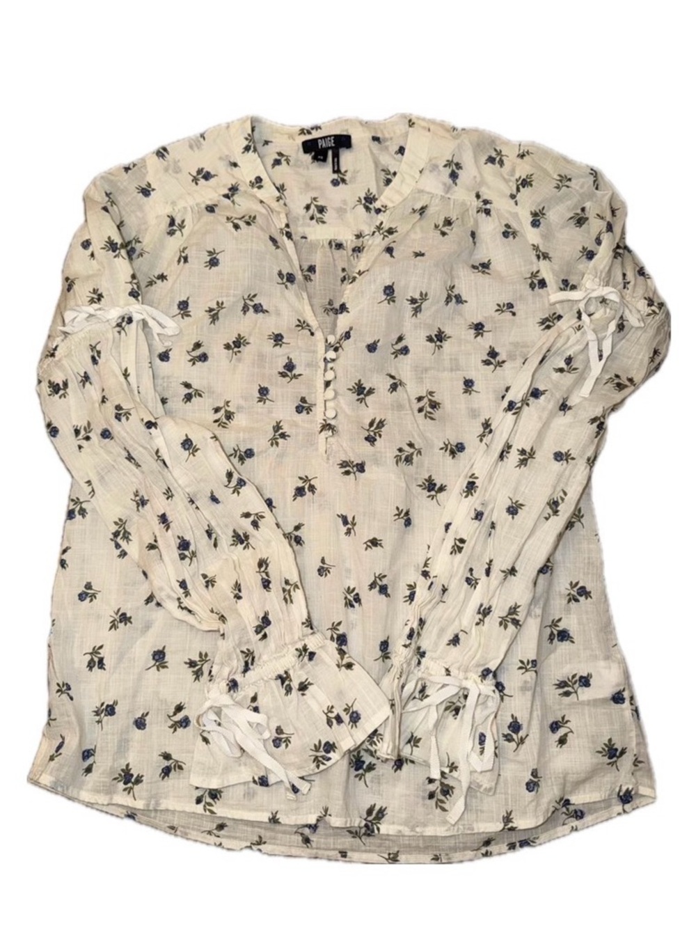 PAIGE Yardley Ivory Blue Floral Split V-Neck Blouse Boho Tie Sleeve XS